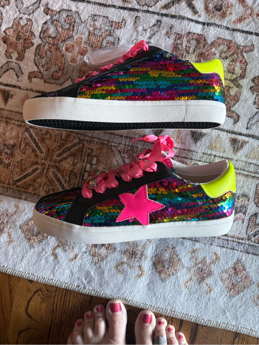 NWTVintage Havana WRose Multicolor Sequin Shoes with Pink Star and Neon Yellow 9